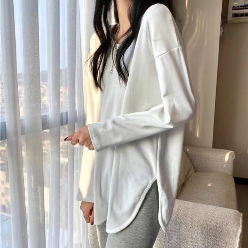 秋冬韓版開叉設計感不規則長袖t恤女百搭內搭打底衫洋氣加絨上衣