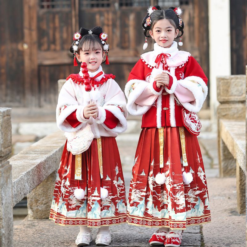 新款拜年服兒童漢服女童冬款加絨加厚中國風兒童古裝唐裝新年套裝