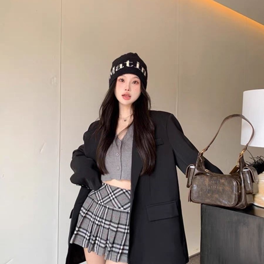 高級感黑色西裝外套女春秋冬2024新款寬鬆中長款西服墊肩休閒上衣