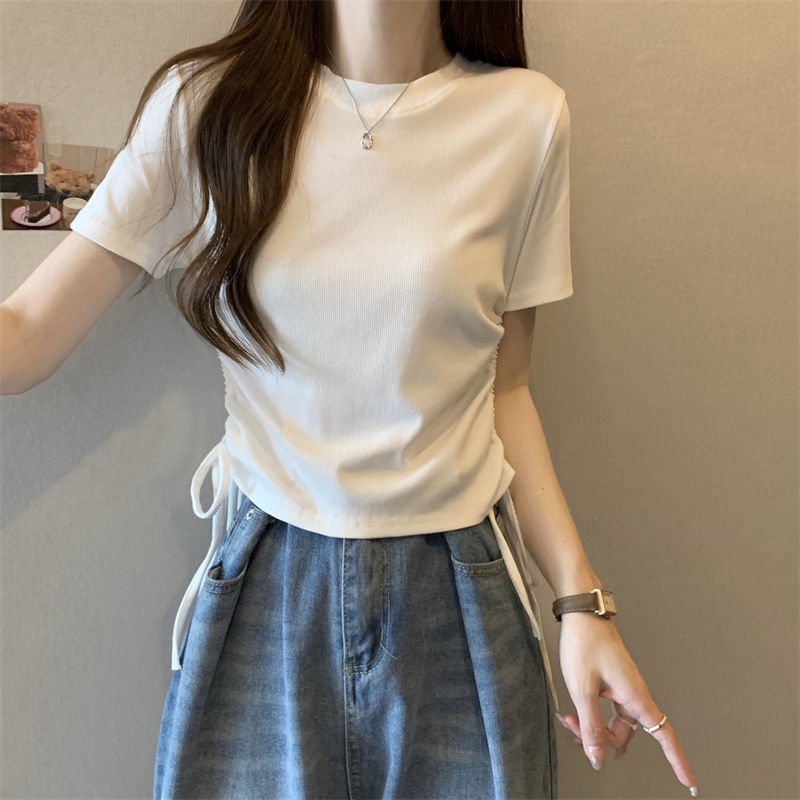 大碼抽繩短款女上衣短袖2024年新款胖mm顯瘦遮肉純色正肩T恤夏季