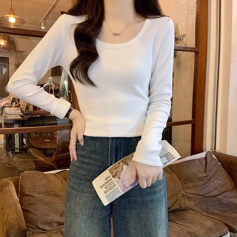 加絨加厚長袖t恤女純色圓領上衣春秋新款韓版遮肉內搭保暖打底衫