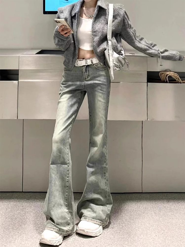 黃泥染微喇叭牛仔褲女冬季新款梨形身材彈力修身遮胯顯瘦直筒褲子