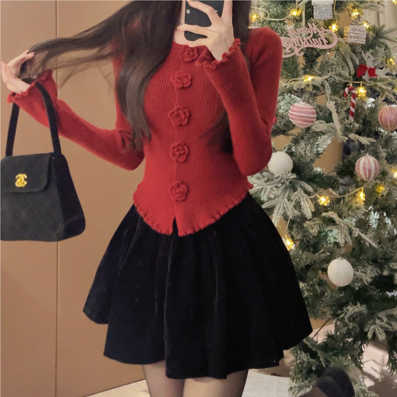 新年紅色毛衣女秋冬季2024新款小個子香風內搭打底衫別致絕美上衣