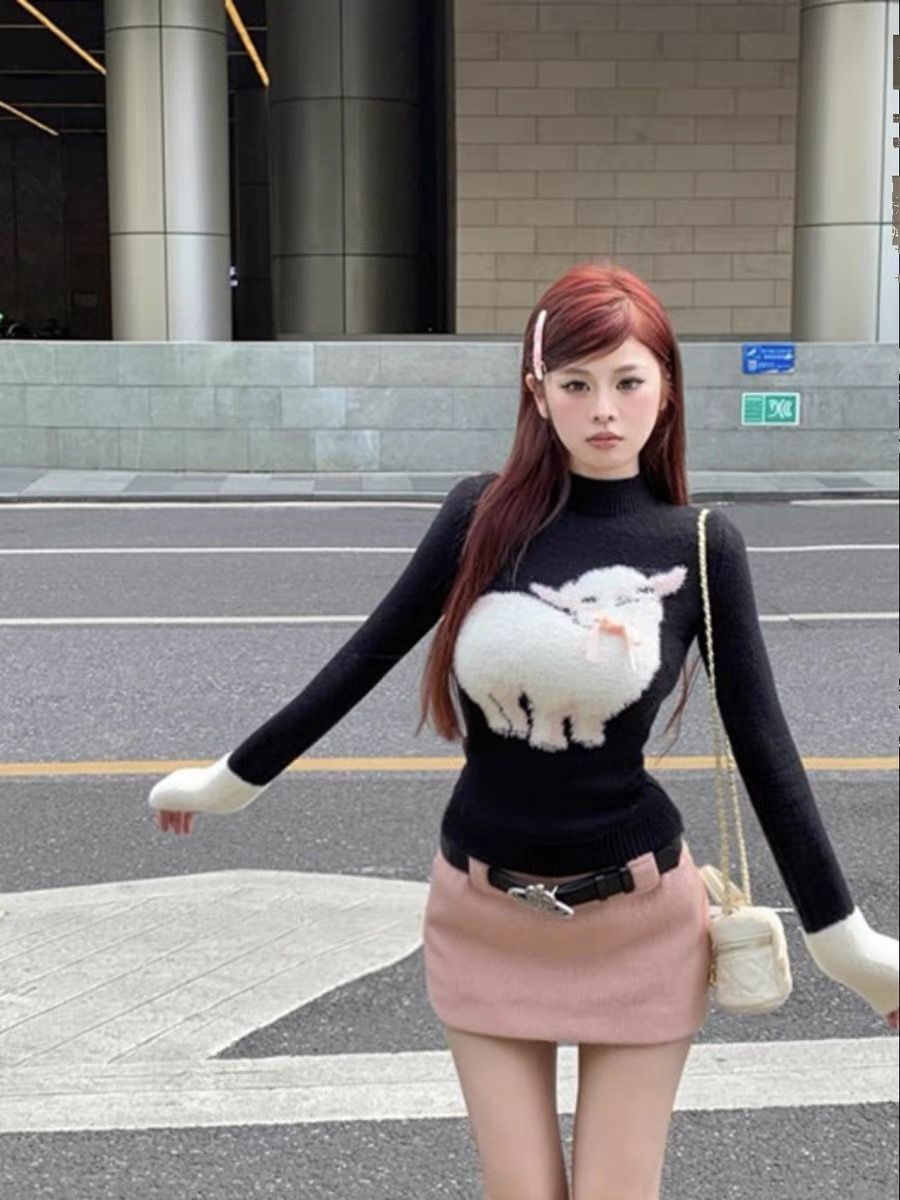 羊咩芭比黑色慵懶毛衣套裝女秋冬粉色高腰顯瘦毛呢半身裙兩件套