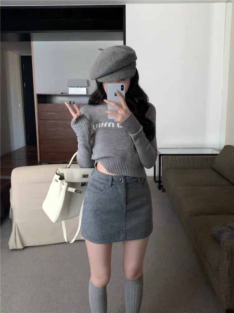 套裝女2023秋冬新款辣妹修身短款針織打底衫上衣高腰顯瘦半身裙潮