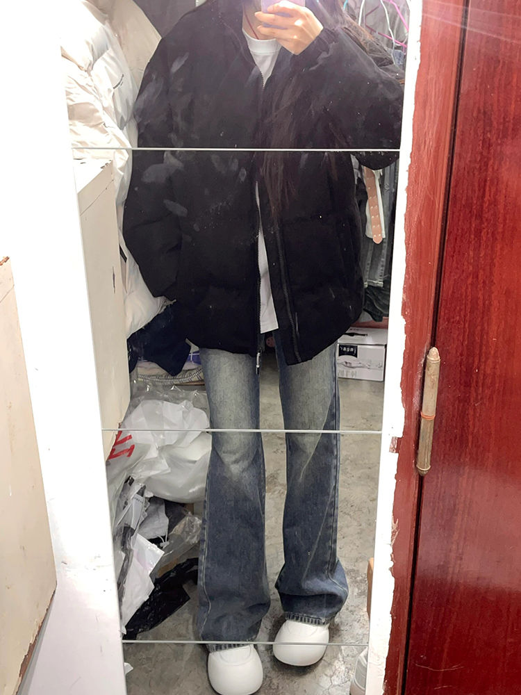 小個子復古高腰微喇叭牛仔褲女秋冬新款直筒顯瘦寬鬆闊腿長褲子潮