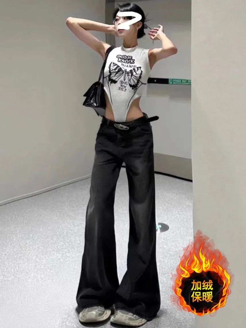 加絨高個子加長美式復古寬鬆闊腿牛仔褲女秋冬顯瘦直筒垂感拖地褲