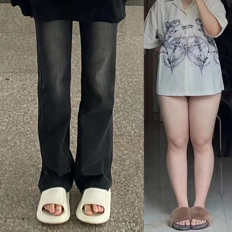 大碼胖mm美式黑灰色直筒牛仔褲女春秋復古小眾設計感闊腿拖地褲子
