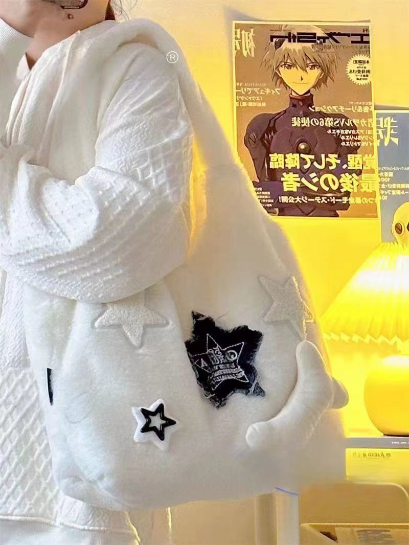 Winter cute star plush bag student large capacity furry shoulder bag Japanese ins niche girl tote bag