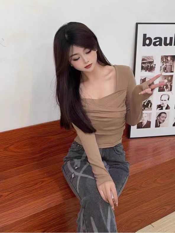方領獨特高級感小個子上衣超好看減齡短款打底衫女內搭秋冬長袖潮