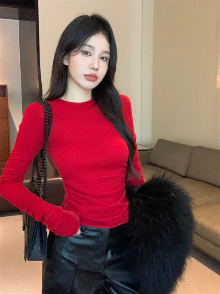 紅色緊身圓領長袖T恤女秋冬季收腰修身內搭德絨短款打底衫上衣潮