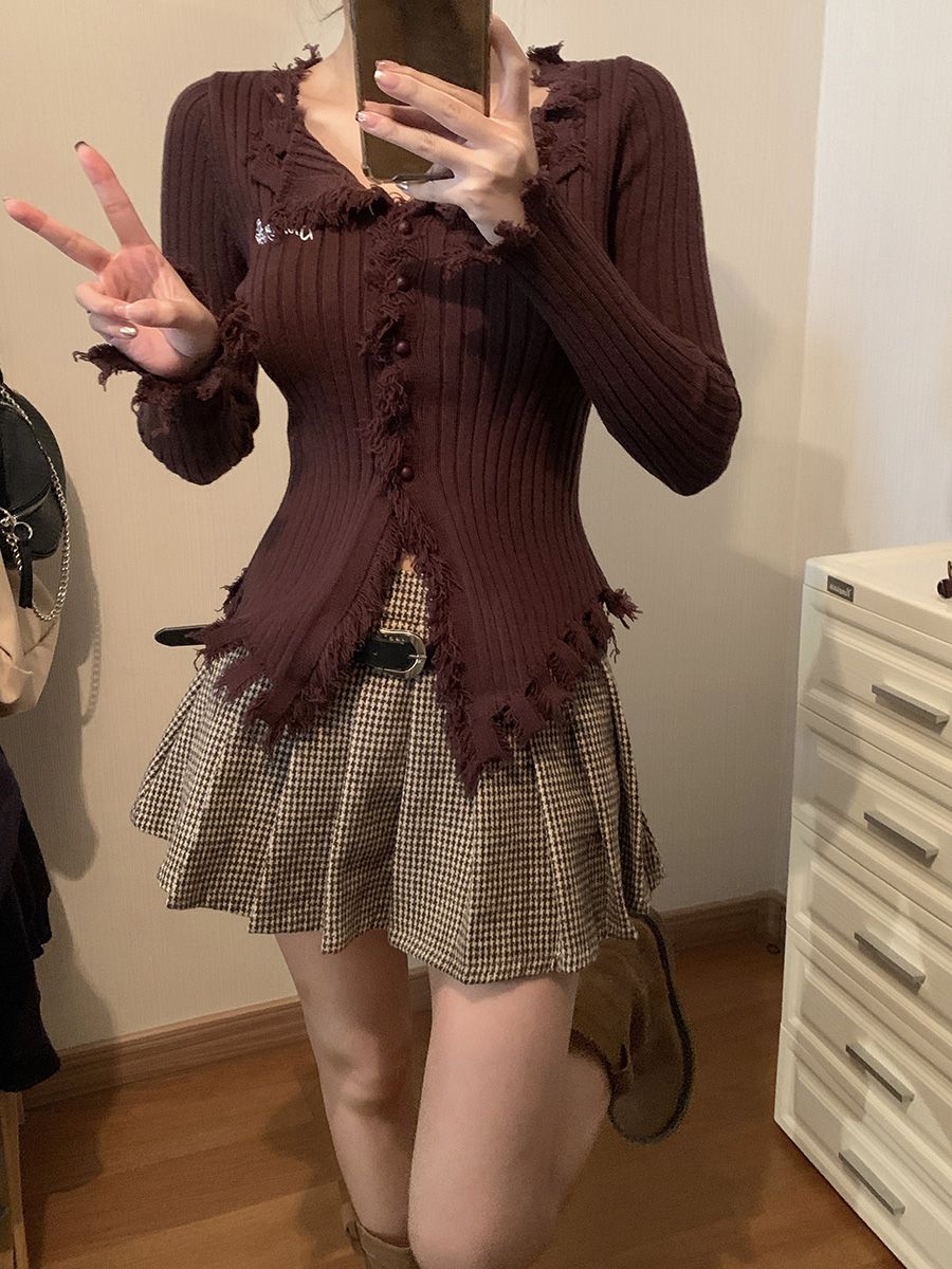 設計流蘇咖色開衫毛衣外套秋冬新款辣妹修身瘦小針織打底衫上衣女