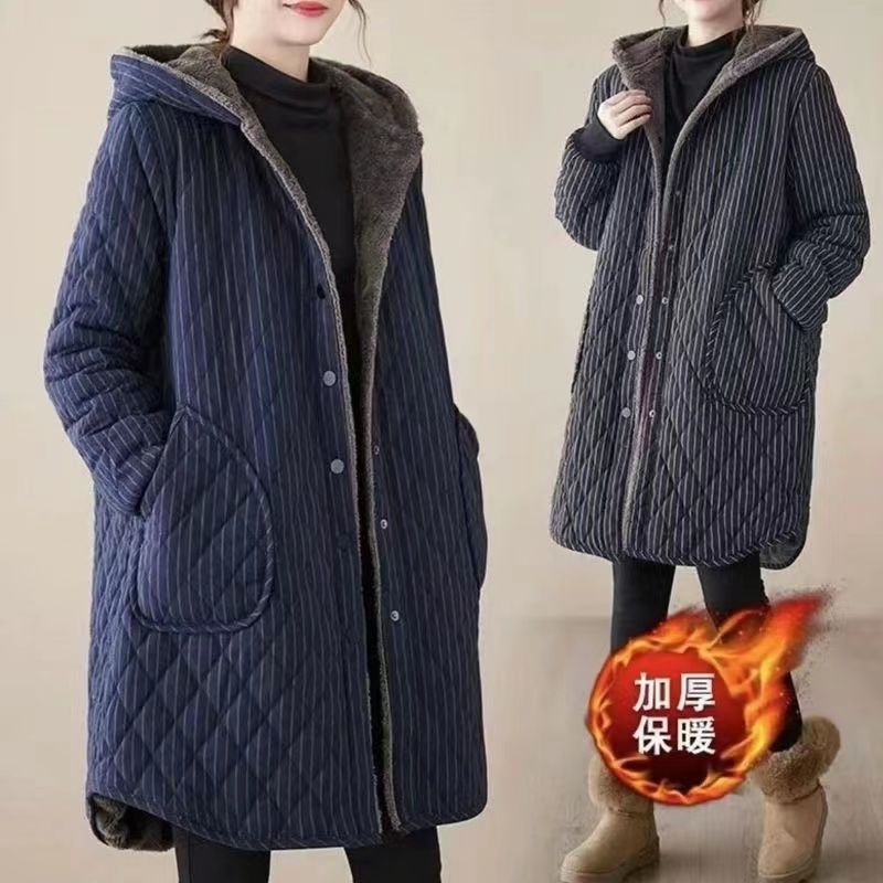 2023 Winter New Large Size Thickened Warm Cotton Clothes Women's Mid-Length Velvet Hooded Cotton Clothes Cotton Jackets Coats