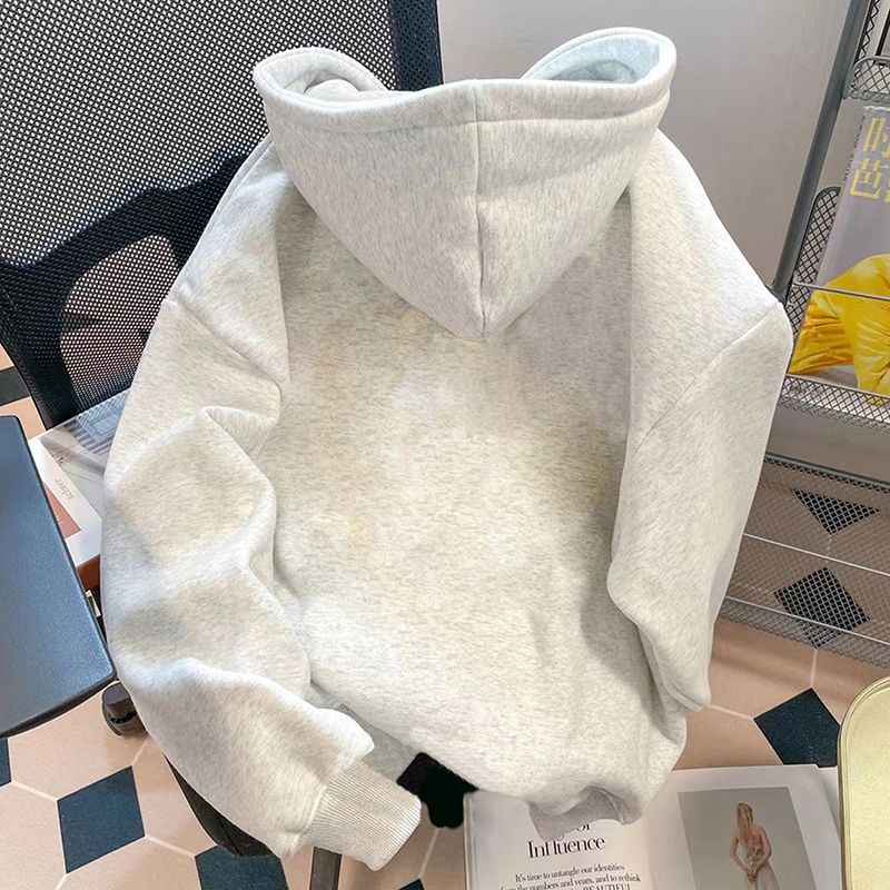 450G heavyweight silver fox velvet hooded sweatshirt for men and women in autumn and winter for couples American high street cute cartoon loose coat