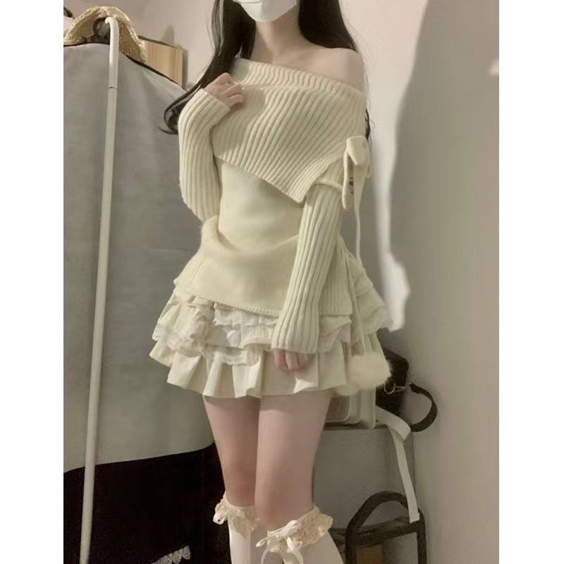 Two-piece suit 2023 autumn and winter new college style design niche one-shoulder knitted sweater + skirt