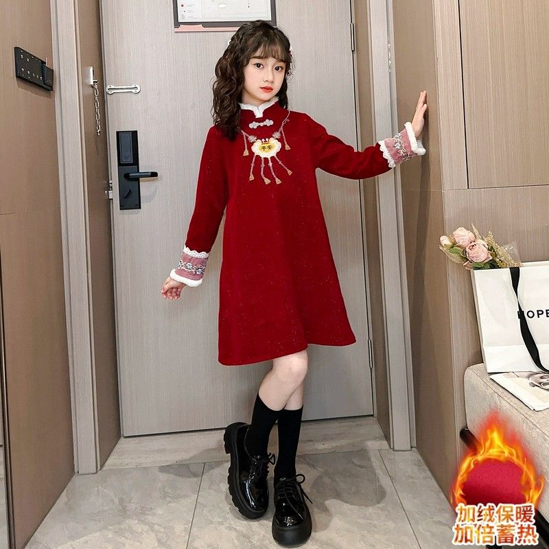 女童过年服秋冬2023新款小公主加绒红色连衣裙冬装女孩中国风旗袍