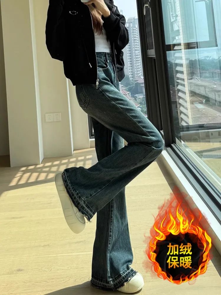 加絨美式微喇牛仔褲女2023年冬季新款高腰顯瘦寬鬆不貼腿喇叭褲子