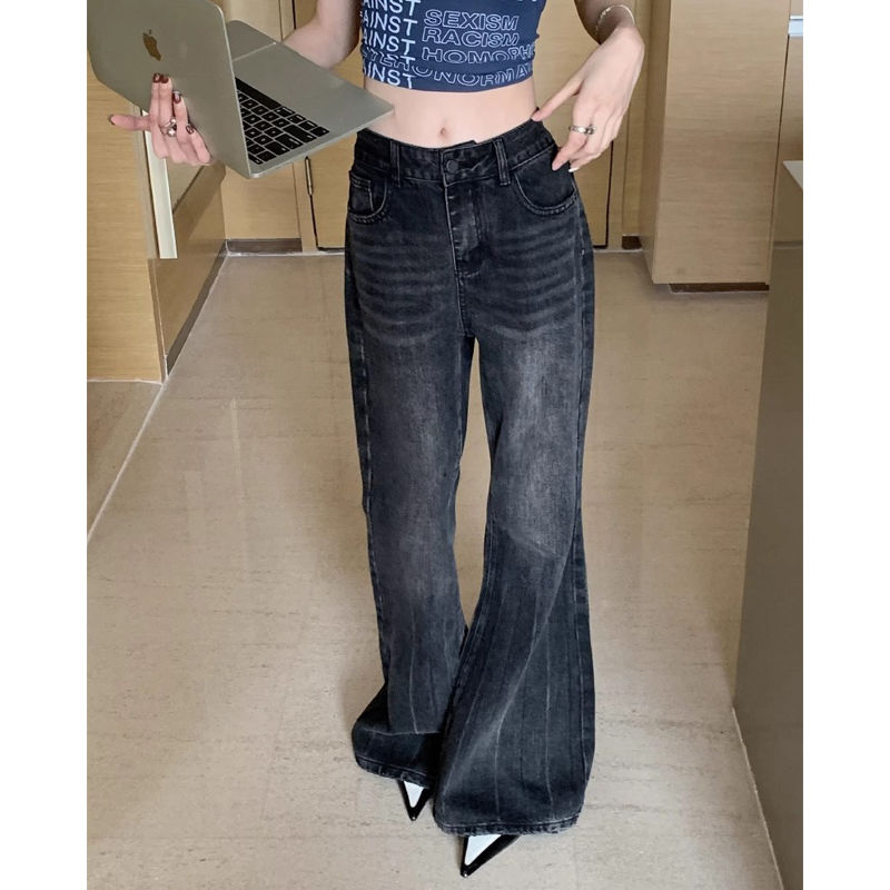 做舊黑灰色不貼腿微喇叭牛仔褲女小個子高腰直筒顯瘦闊腿馬蹄長褲