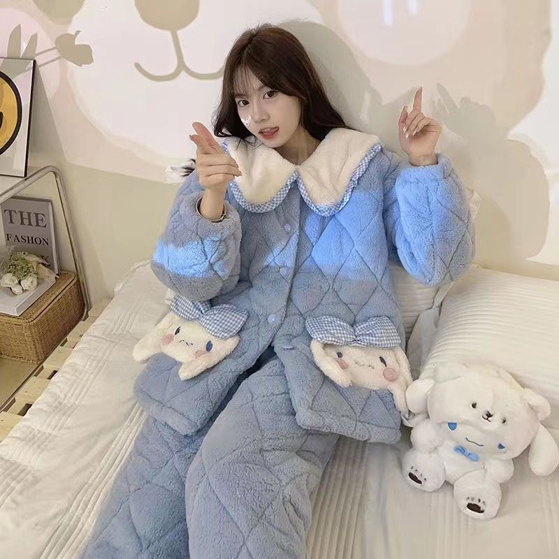 Pajamas for women winter coral velvet three-layer quilted thickened plus velvet cotton jacket sweet students can wear outside home clothes set