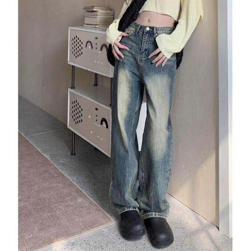 復古做舊窄版闊腿牛仔褲女小個子高腰直筒顯瘦垂感拖地長褲ins潮