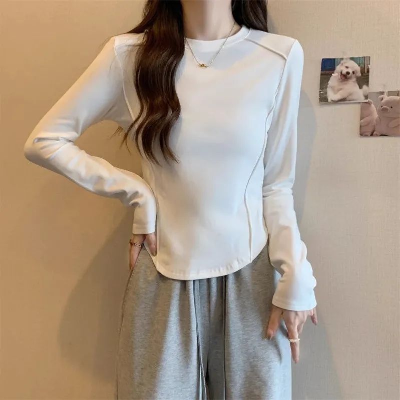 大碼女裝秋冬氣質短款正肩內搭打底上衣胖mm歐貨修身遮肉長袖t恤