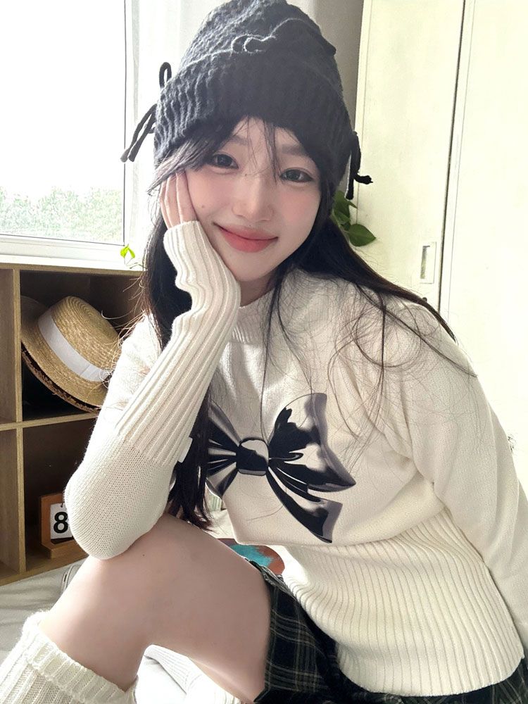 糖果蝴蝶結毛衣女秋冬2023新款百搭設計感顯瘦修身長袖針織衫上衣