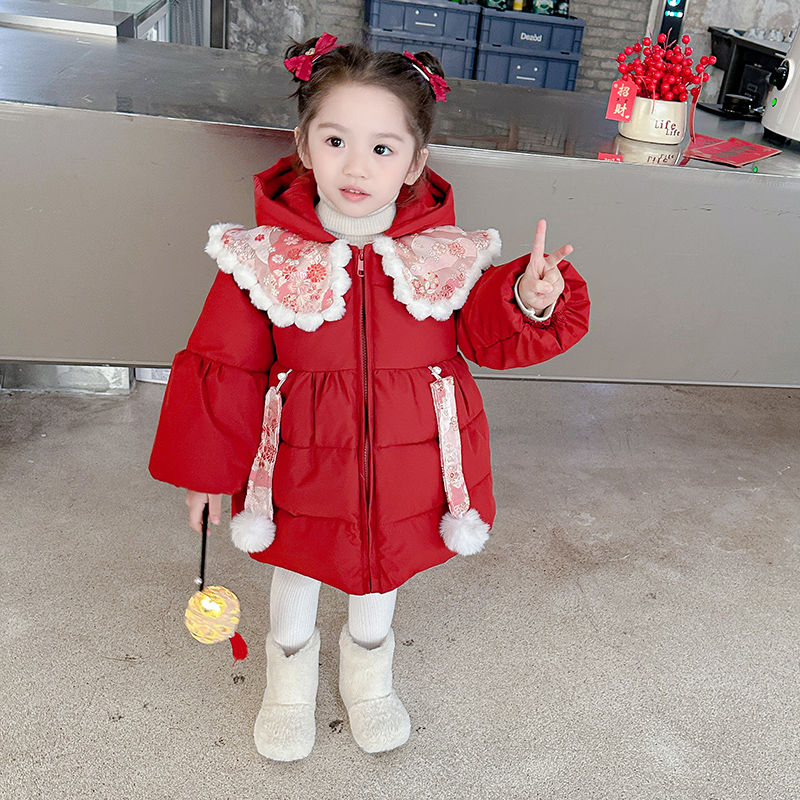 New Year's greetings clothes for girls, cotton clothes, winter 2024 New Year clothes, children's national style velvet jackets, baby Tang suit New Year clothes