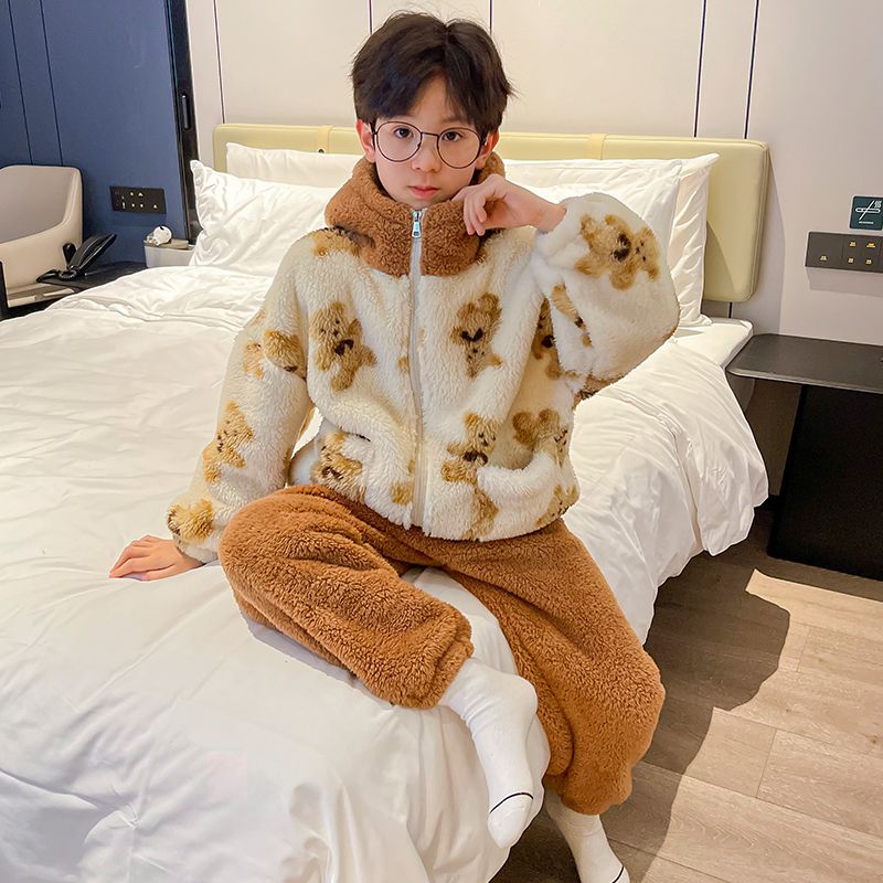 兒童睡衣秋冬2023新款法蘭絨小男孩男童加厚可愛冬季珊瑚絨家居服