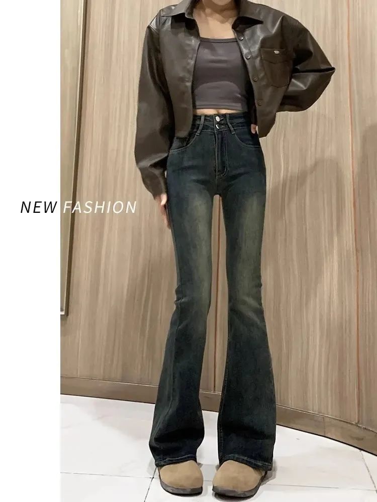 Cement gray plus velvet bootcut jeans for women 2023 autumn and winter new style tall American retro high-waisted flared pants