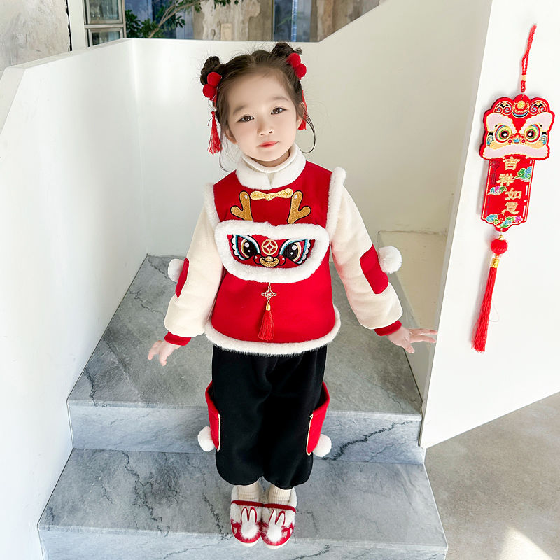 中國風新款2023秋冬季女童高級龍年拜年服唐裝漢服套裝女寶寶冬款