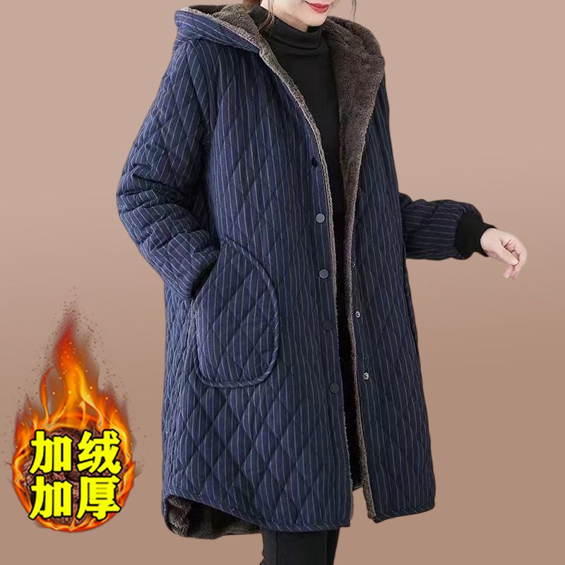 Mother's cotton-padded coat plus velvet and thickening 2023 new middle-aged and elderly women's medium-length striped cotton-padded jacket fashionable hooded cotton-padded coat