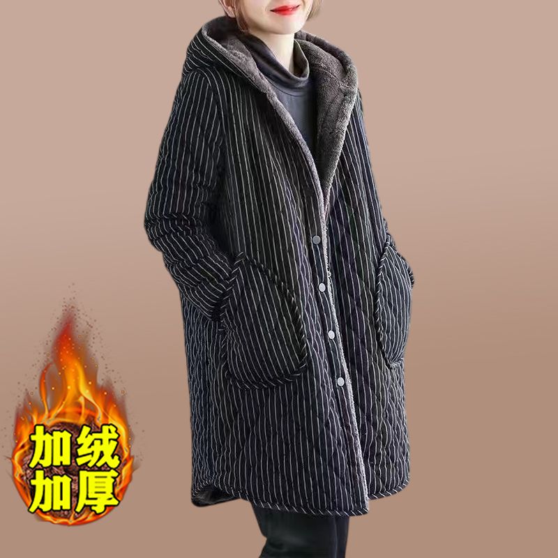 Velvet thickened jacket new winter retro plaid mid-length casual hooded cotton coat women's large size warm cotton jacket