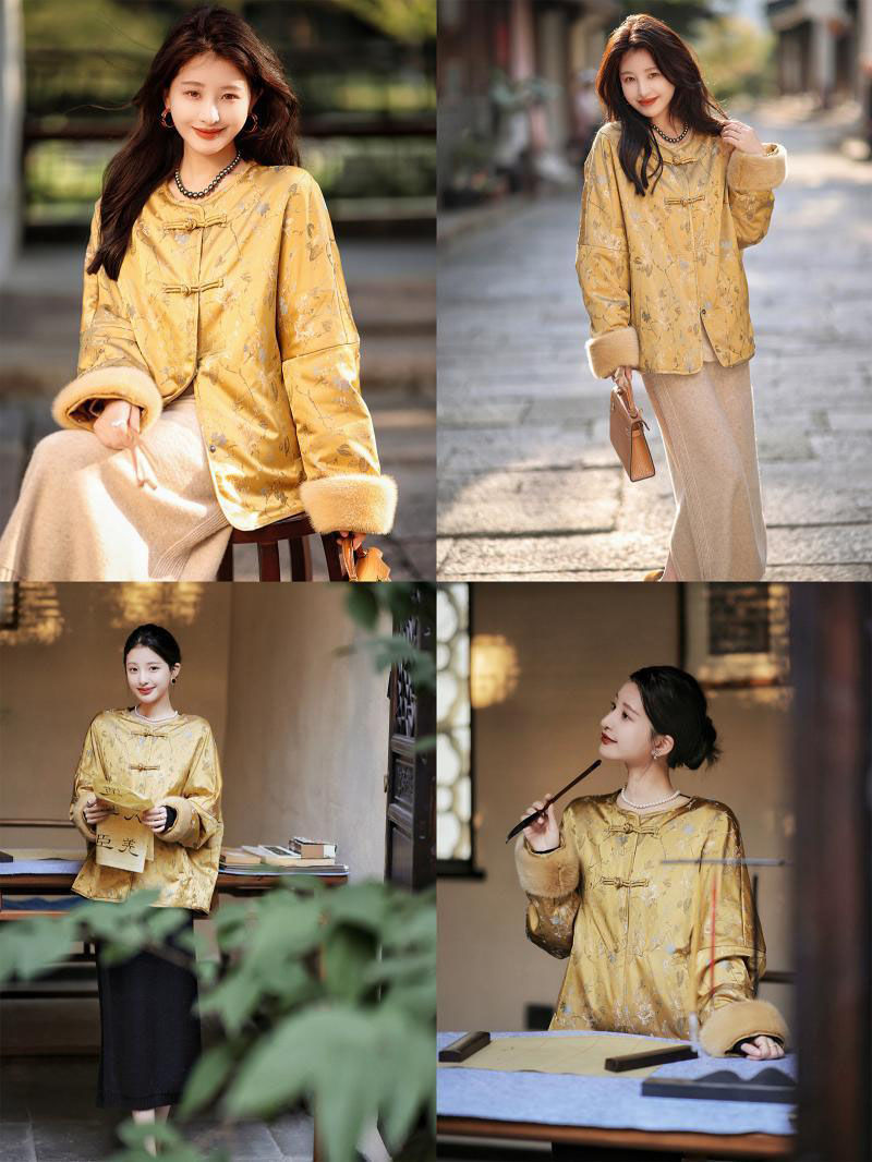 今年流行时尚漂亮高级感新中式国风黄色夹棉外套女秋冬季2023新款