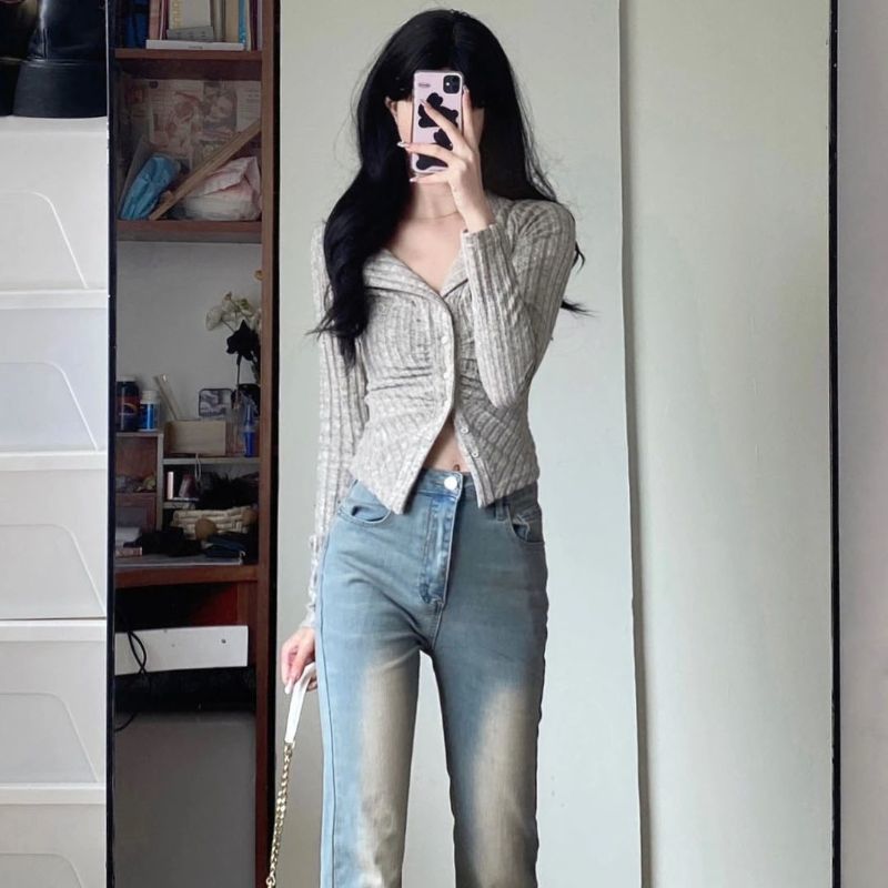 美式復古小眾設計感甜酷辣妹開衫長袖針織衫女秋修身顯瘦打底上衣