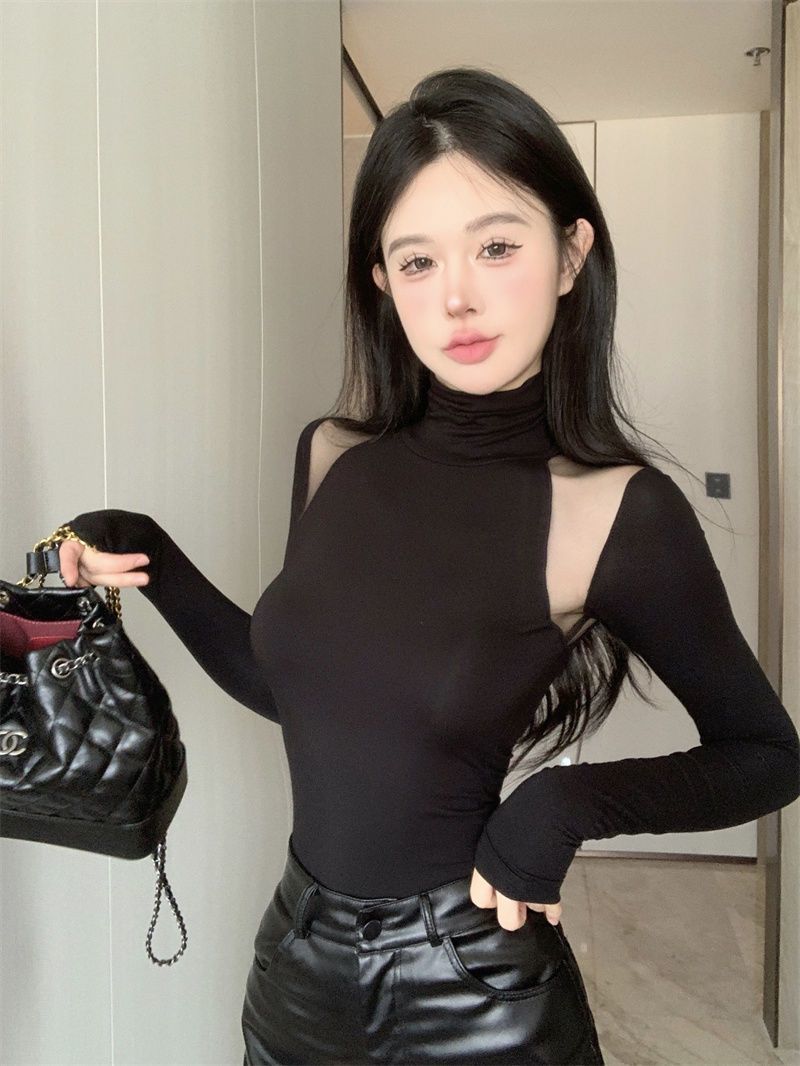 韩版透视网纱拼接高领长袖黑色打底衫t恤女冬季内搭显瘦修身上衣
