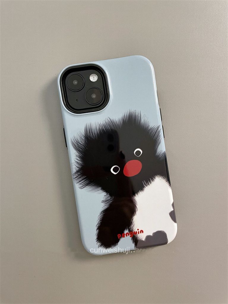 搞怪卡通炸毛企鹅适用iPhone15promax苹果13手机壳新款14二合一12
