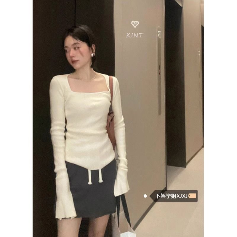 純欲方領保暖打底長袖針織衫女秋冬季新款修身簡約氣質露鎖骨上衣