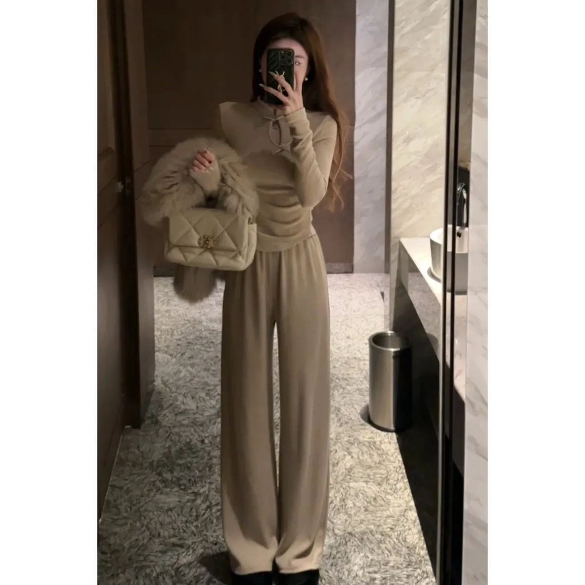 New Chinese-style Chinese style winter suit with buckle design pleated top and wide-leg pants two-piece set