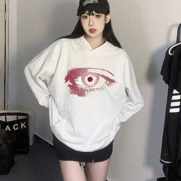國潮美式復古紅色之眼印花連帽衛衣男女秋冬新款寬鬆重磅純棉外套