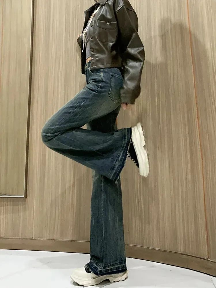 Velvet retro bootcut jeans for women 2023 autumn and winter new style American high-waisted loose slim straight flared pants