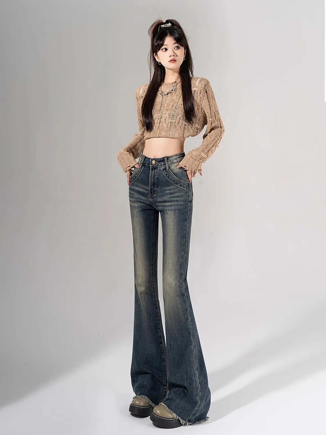 復古高腰微喇牛仔褲女2023秋季新款修身彈力闊腿顯瘦馬蹄褲喇叭褲