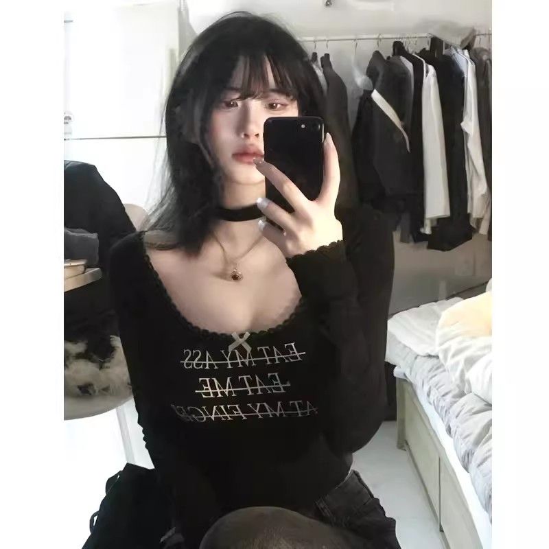 純欲風u領蕾絲長袖t恤內搭打底衫女春秋冬設計感辣妹修身短款上衣