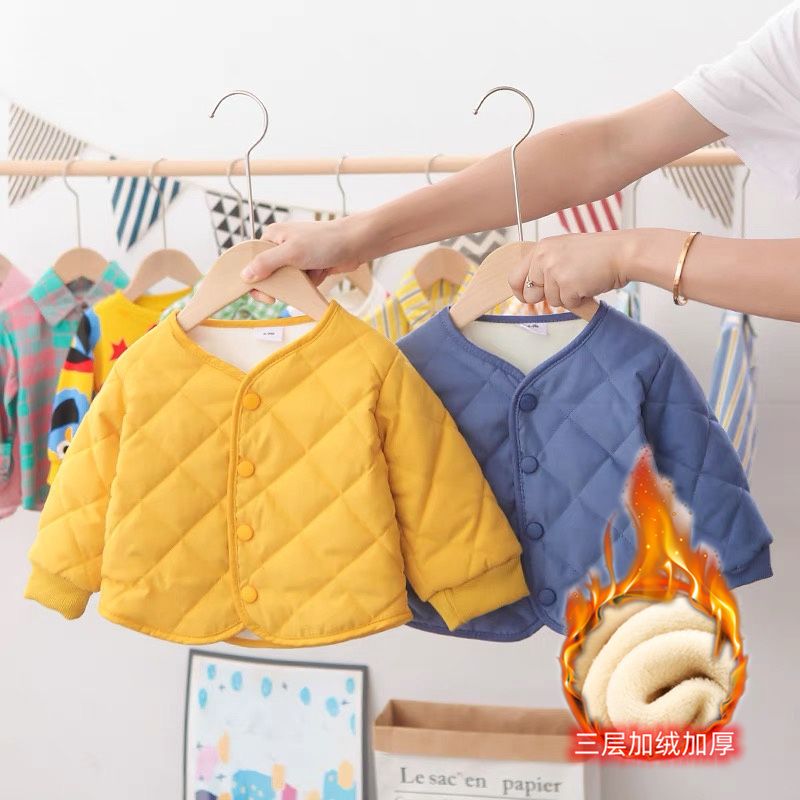 婴儿单排扣三层夹棉加绒外套冬装秋冬女童棉服男宝宝儿童保暖上衣
