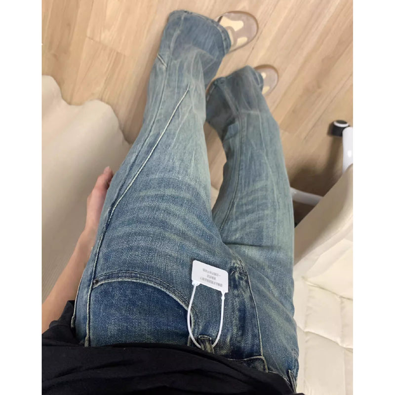 美式復古做舊高腰微喇叭牛仔褲女小個子彈力直筒顯瘦馬蹄長褲子潮