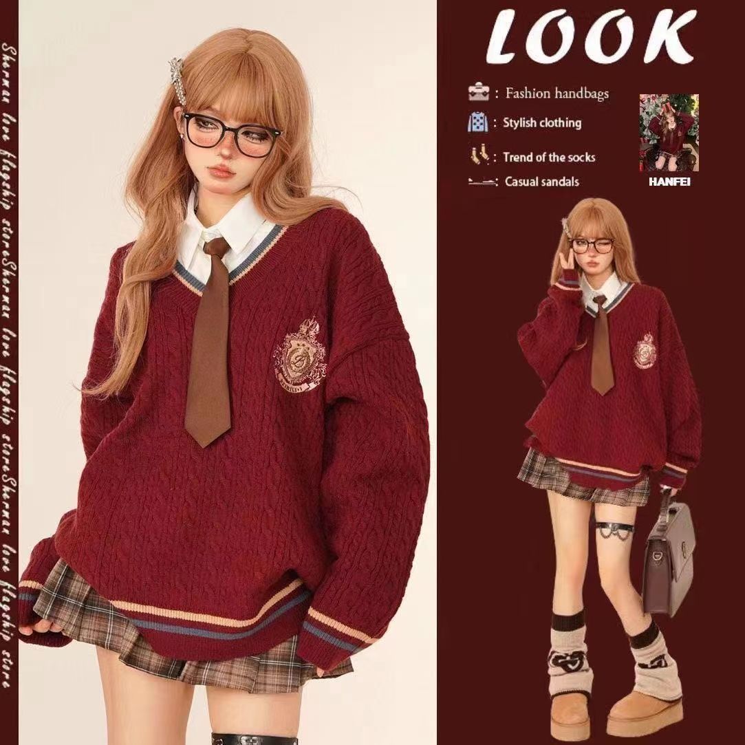 Gentle Winter Wear for Women 2023 New Christmas College Style Sweater + Shirt + Plaid Pleated Skirt Three-piece Set