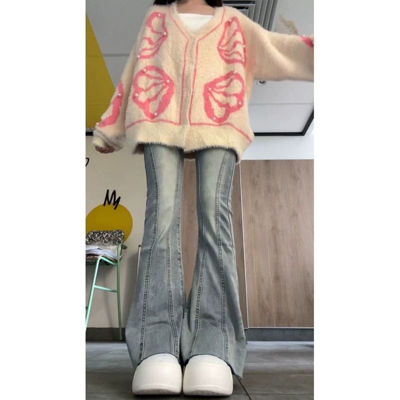 小個子設計感微喇牛仔褲女春秋復古修身高腰毛邊喇叭直筒馬蹄褲子