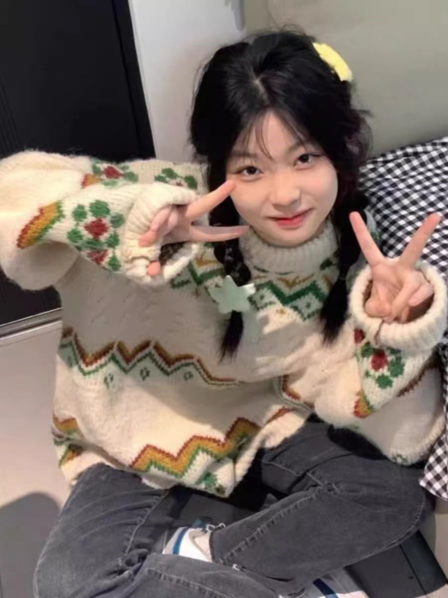 PROMONE聖誕提花毛衣女秋冬2023新款慵懶內搭打底針織上衣高級感
