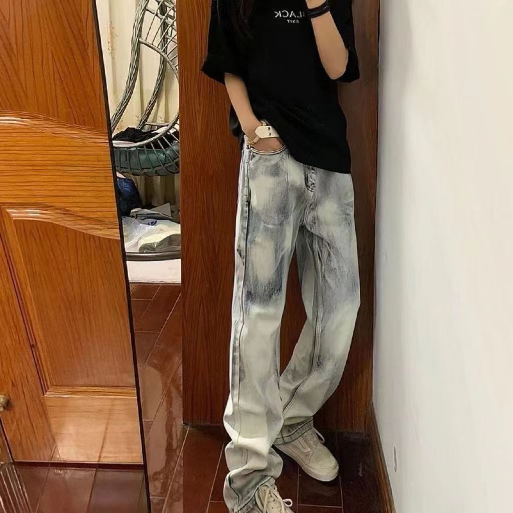 復古水洗扎染牛仔褲秋冬新款高腰顯瘦直筒修身百搭拖地長褲潮ins