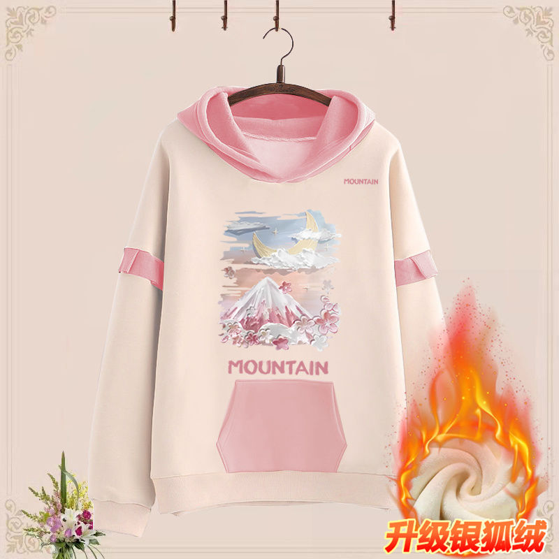 Girls sweatshirt winter new style velvet hooded splicing lace loose western style casual ins style pocket trendy long sleeves