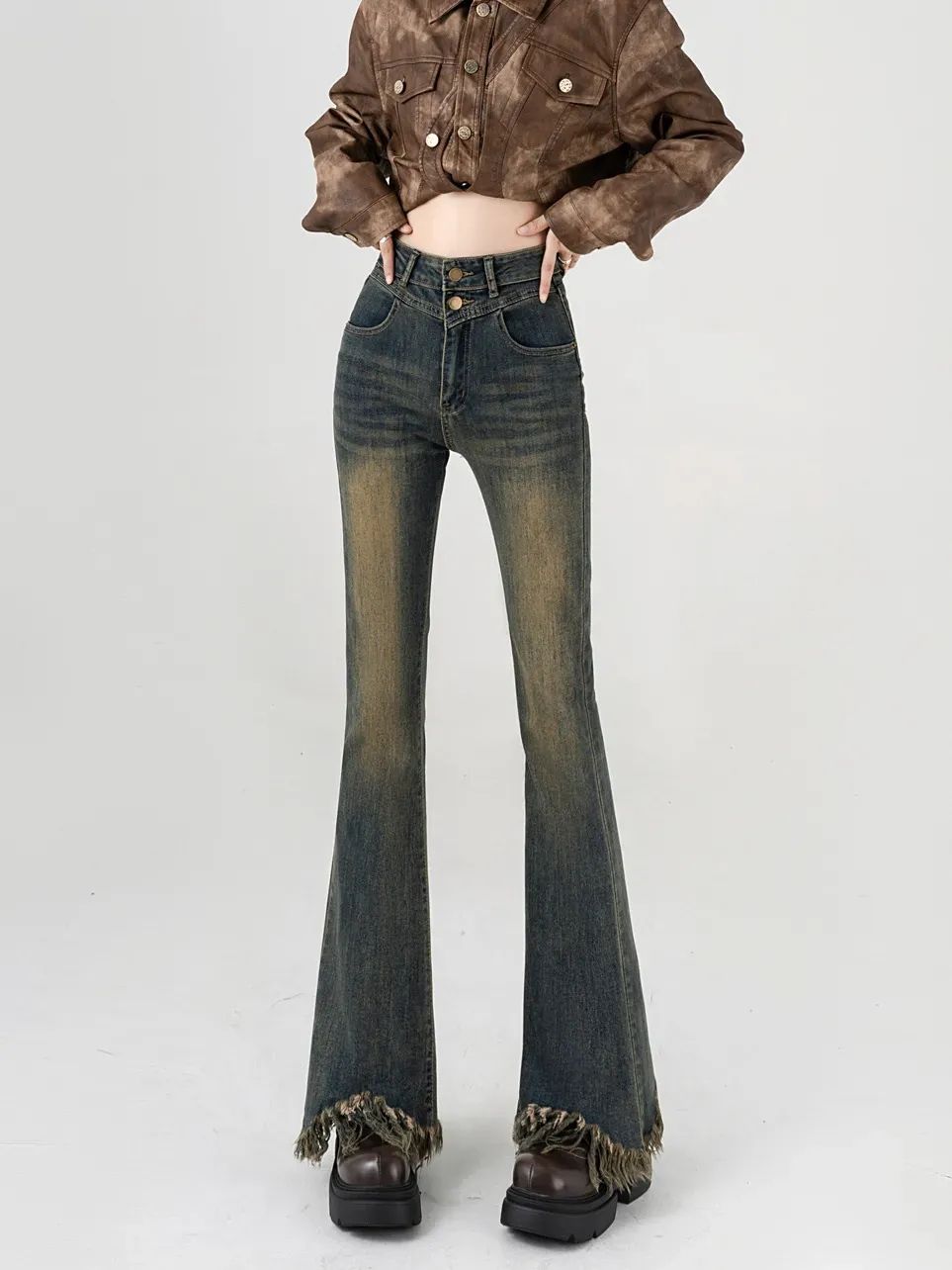 Retro extended high-waisted bootcut jeans for women in autumn new high-waisted elastic slimming tassels raw edge flared pants
